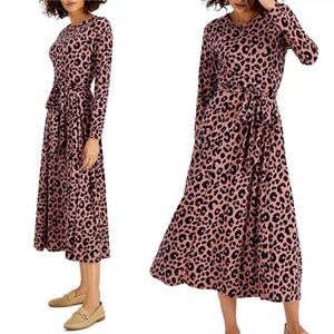 ANNE KLEIN Animal Print Midi Dress Pink Black Medium